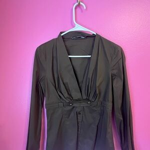 Dark Brown Long Sleeve Wrap-Style Blouse